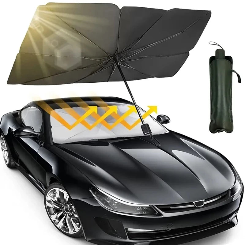 Souqzila car windshield umbrella shade protecting black car from sun rays with compact carrying case