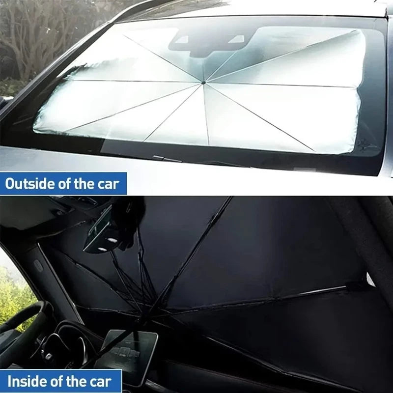 Souqzila car windshield umbrella shade showing reflective side outside and black side inside the car