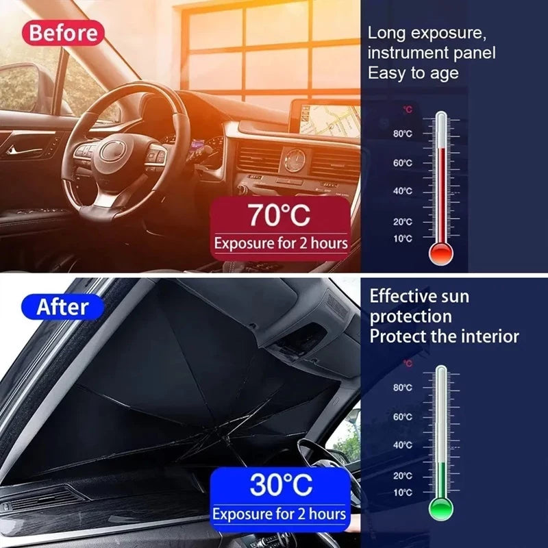 Souqzila car windshield umbrella shade showing before and after sun protection and temperature reduction inside car