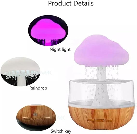 Souqzila cloud rain humidifier with night light, raindrop mist, and wooden base switch key
