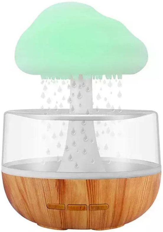 Souqzila cloud rain humidifier with wooden base and translucent water tank shaped like a cloud